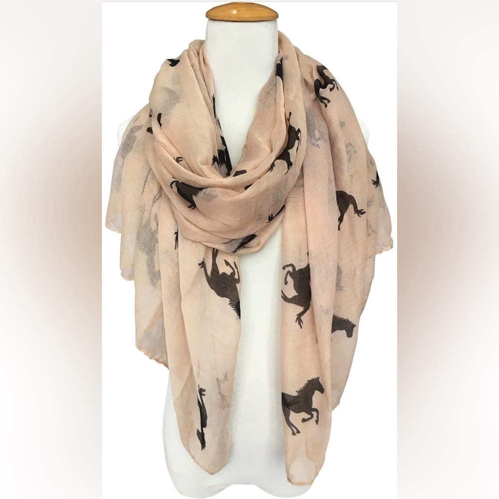 Beige Loop Scarf with Black Running Horse Design